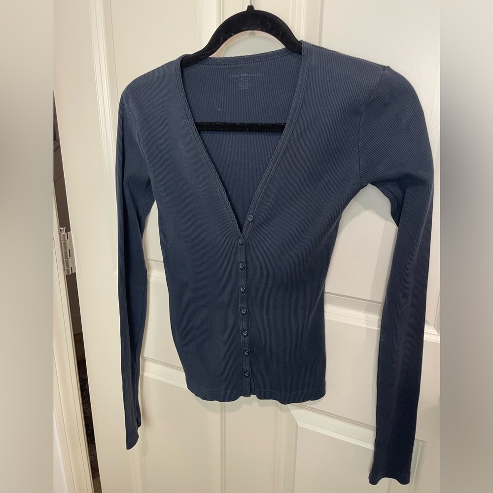 Brandy Melville Paige Ruffle Long Sleeve Top in Classic Navy
